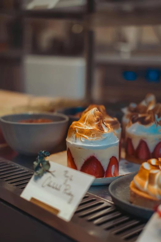 small desserts displayed on display on a counter