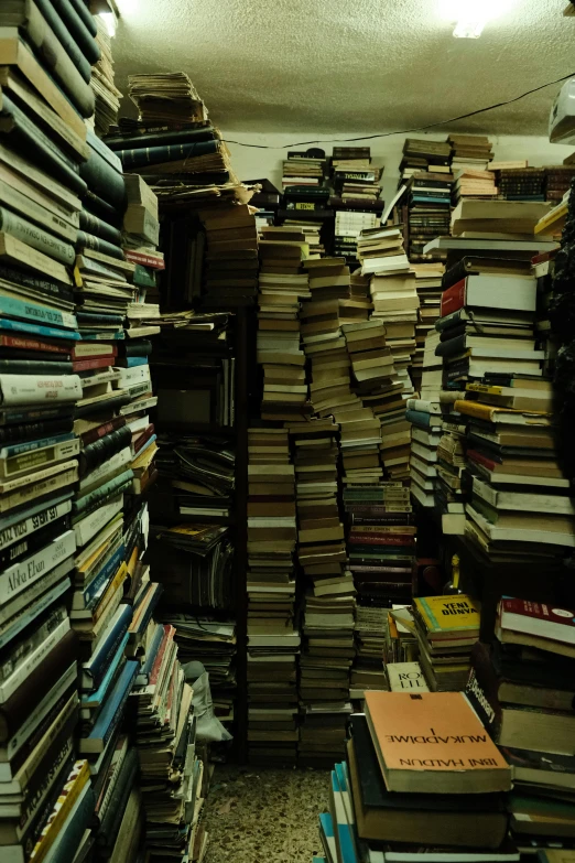 the floor is covered with many books in stacks