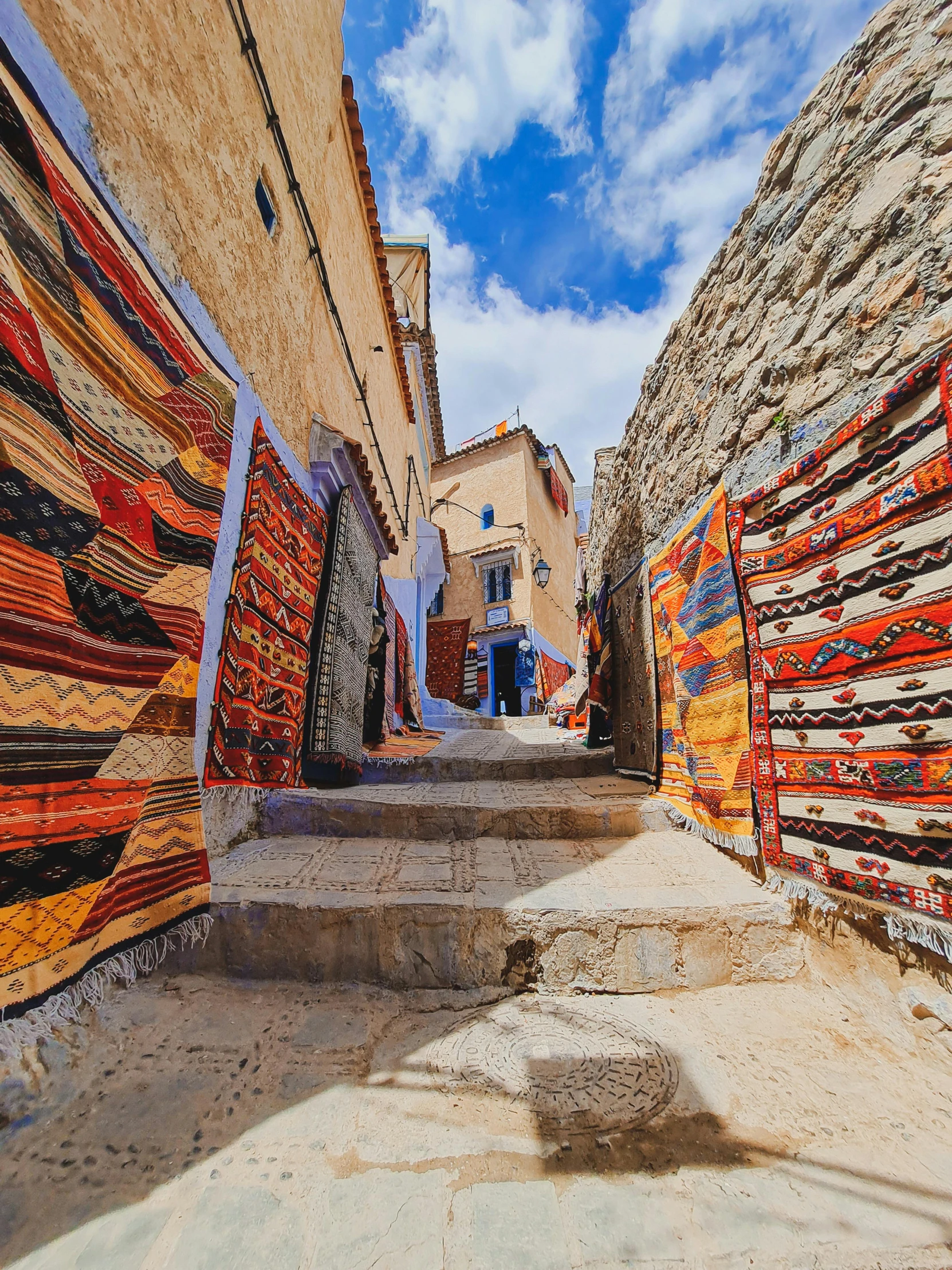 some stairs are lined with beautiful colored carpeting