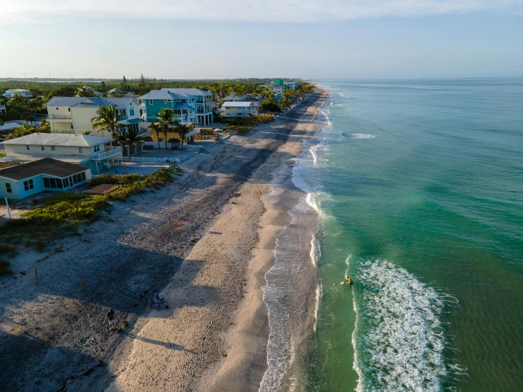 a beach lined with houses and water