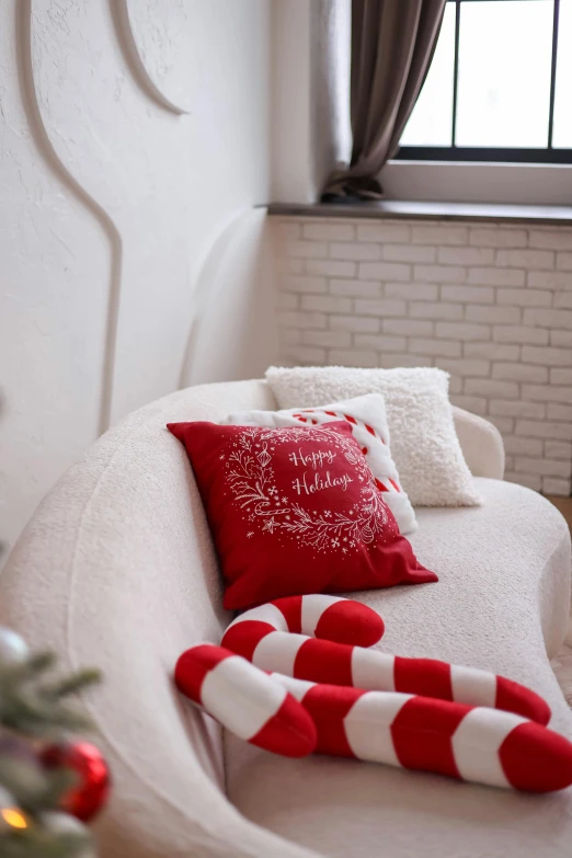 the small living room is decorated in red and white