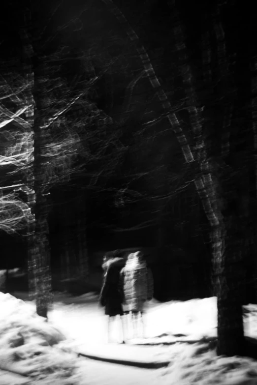 two people walking through the snow in a dark forest