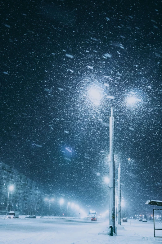 street lamps with snow falling on them at night