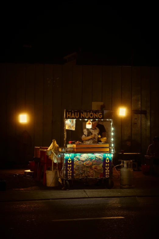 an outdoor vendor booth at night near lights