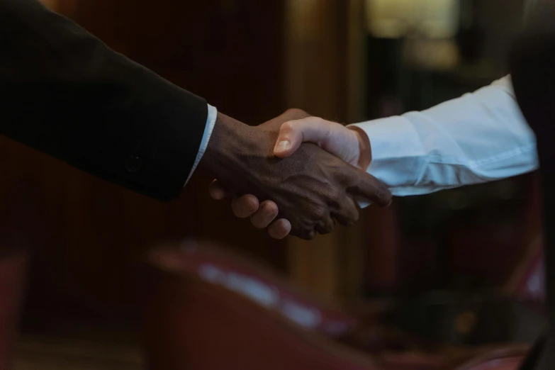 a couple of people shaking hands on top of a wooden floor