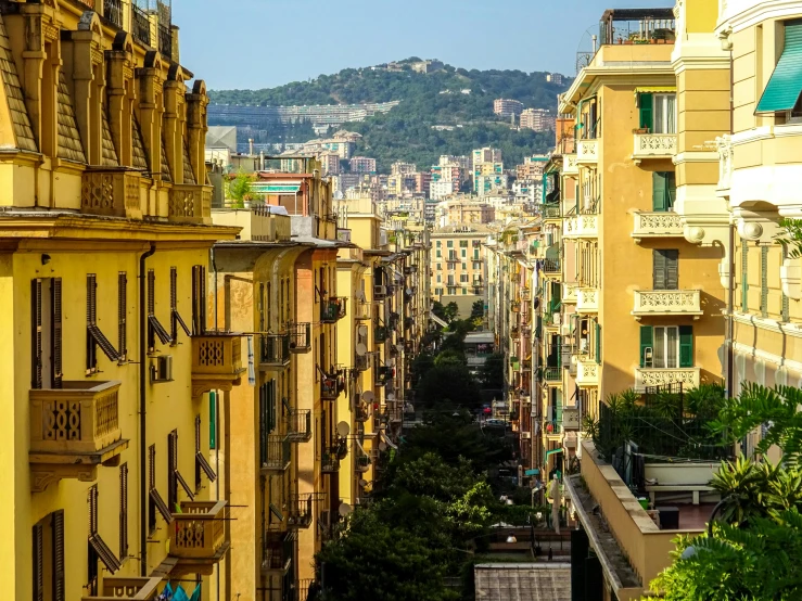 a road on the side of a hill with buildings lining it