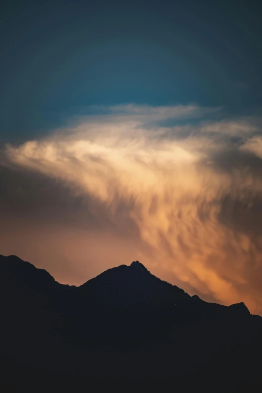 the silhouette of mountains under a cloudy sky