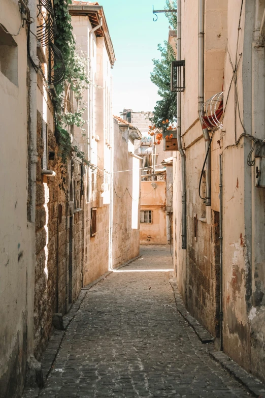 an alley way leading between two buildings in a small village