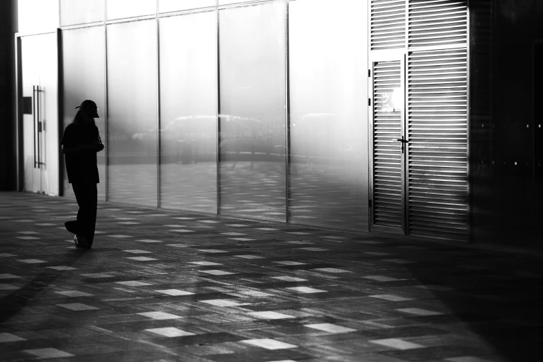 silhouette of person standing in a hallway next to glass