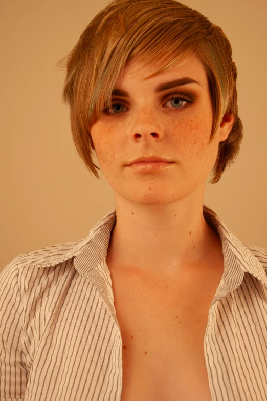 a close up view of a woman with short hair and 