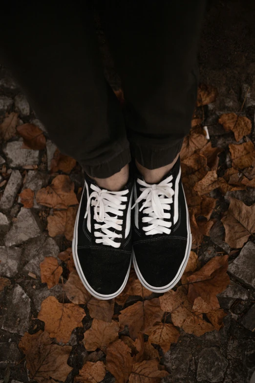 a person with white shoes on standing among leaves