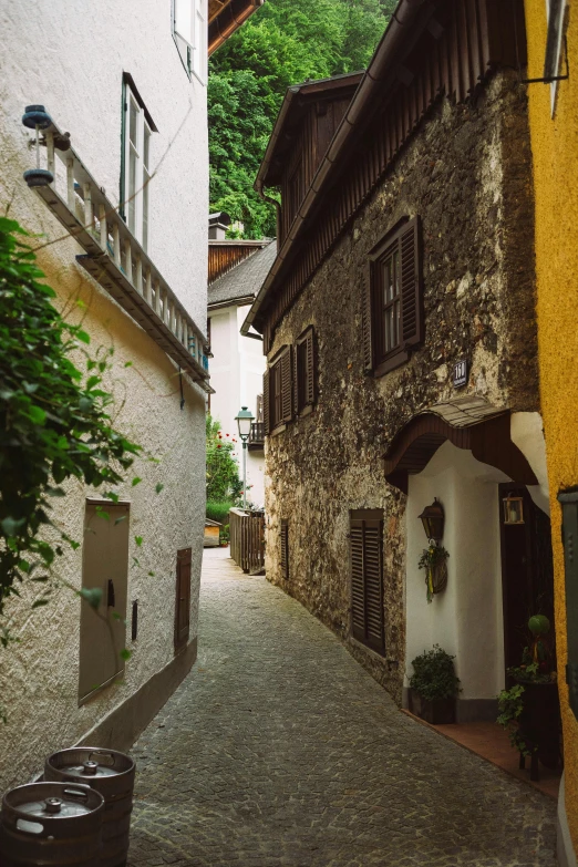 small alley with narrow cobble stone roads and houses