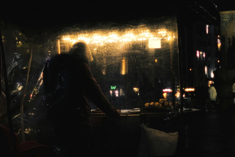 a person looking out a window at a night scene