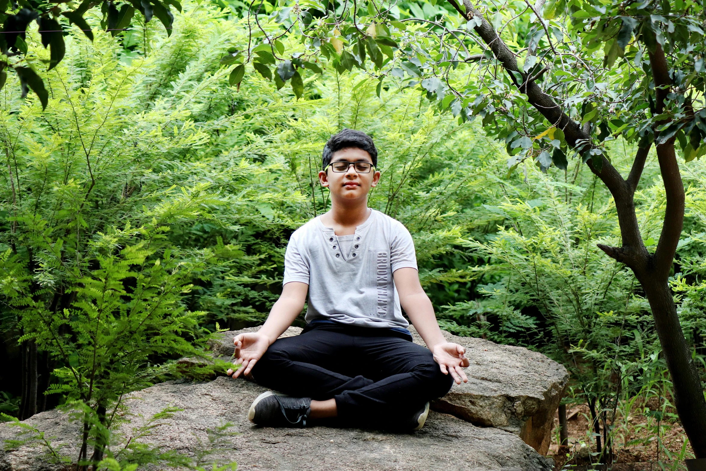 man sitting on large rock in wooded area