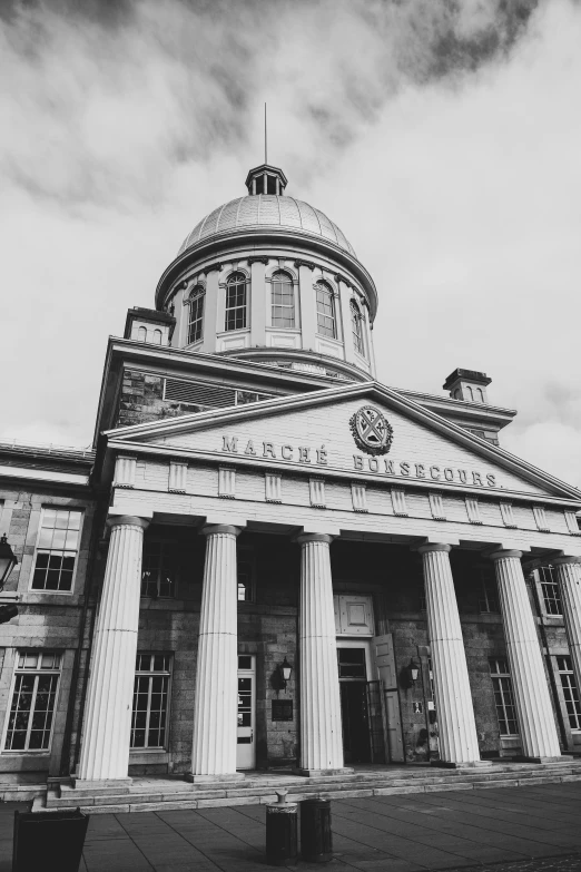 a black and white po of a building