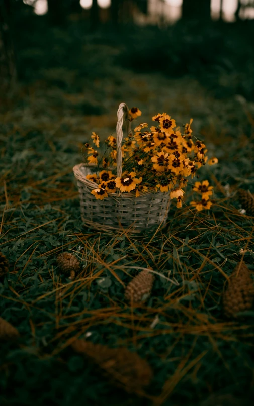 a basket that is on some grass with flowers in it