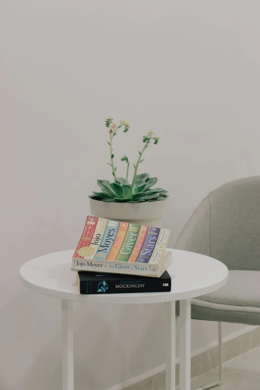 books that are stacked on a table with a flower