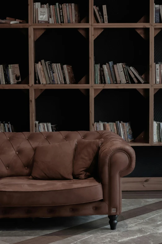 the couch is near a wall with lots of books