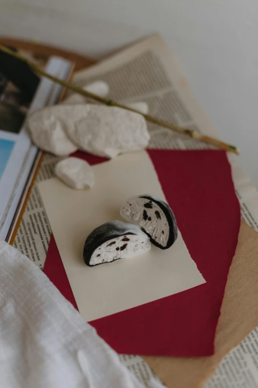 two pieces of bread sitting on top of a book