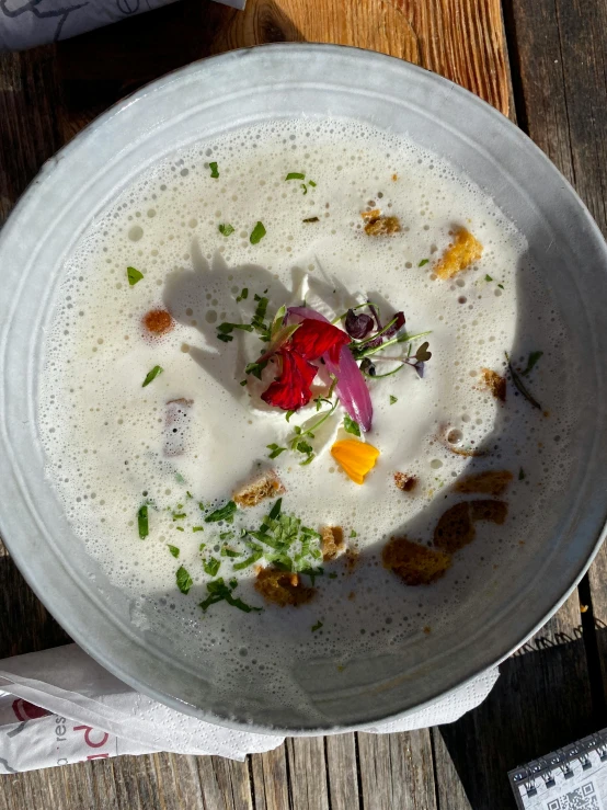 a bowl of food on a wooden table