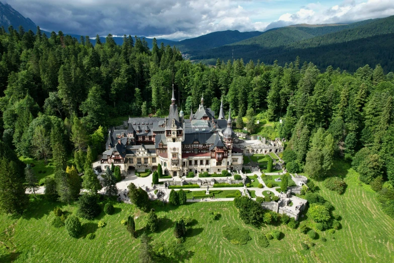 a castle is located in a lush forest