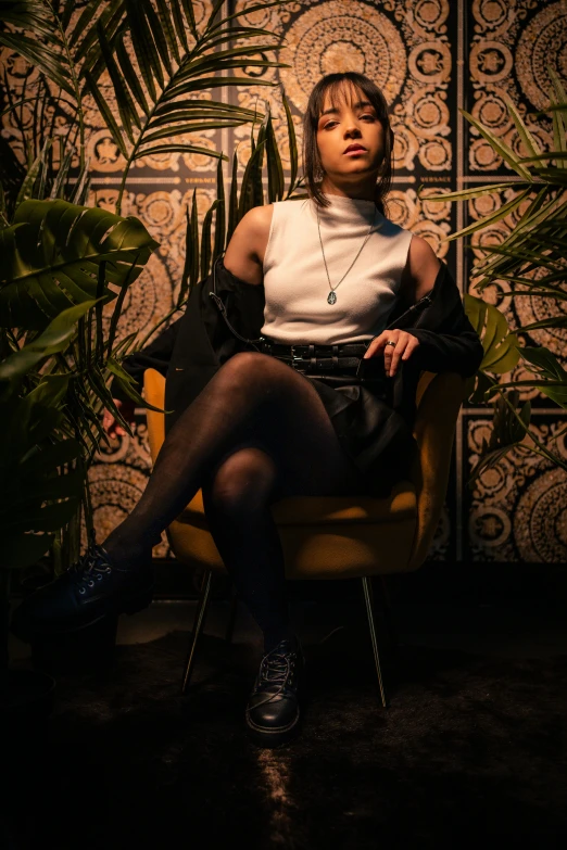 a woman wearing stockings and heels sitting on a chair