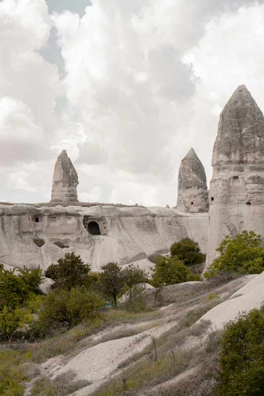 three large towers are shown with trees in the foreground