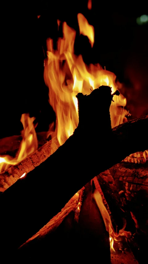 a close up of a wooden log burning in flames