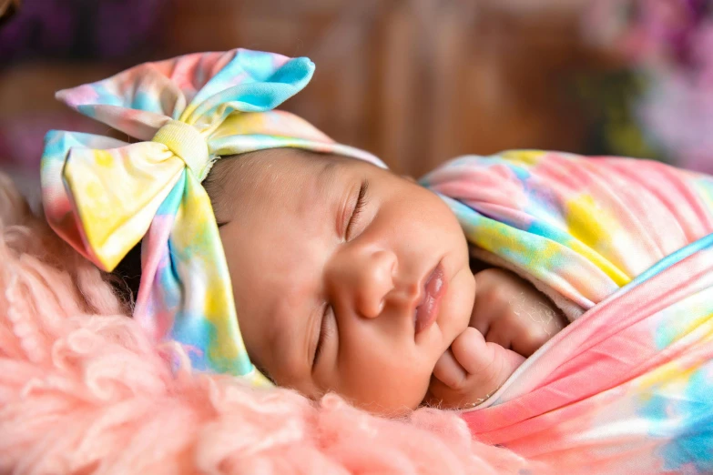 a baby wrapped up in a colorful blanket laying on top of a bed