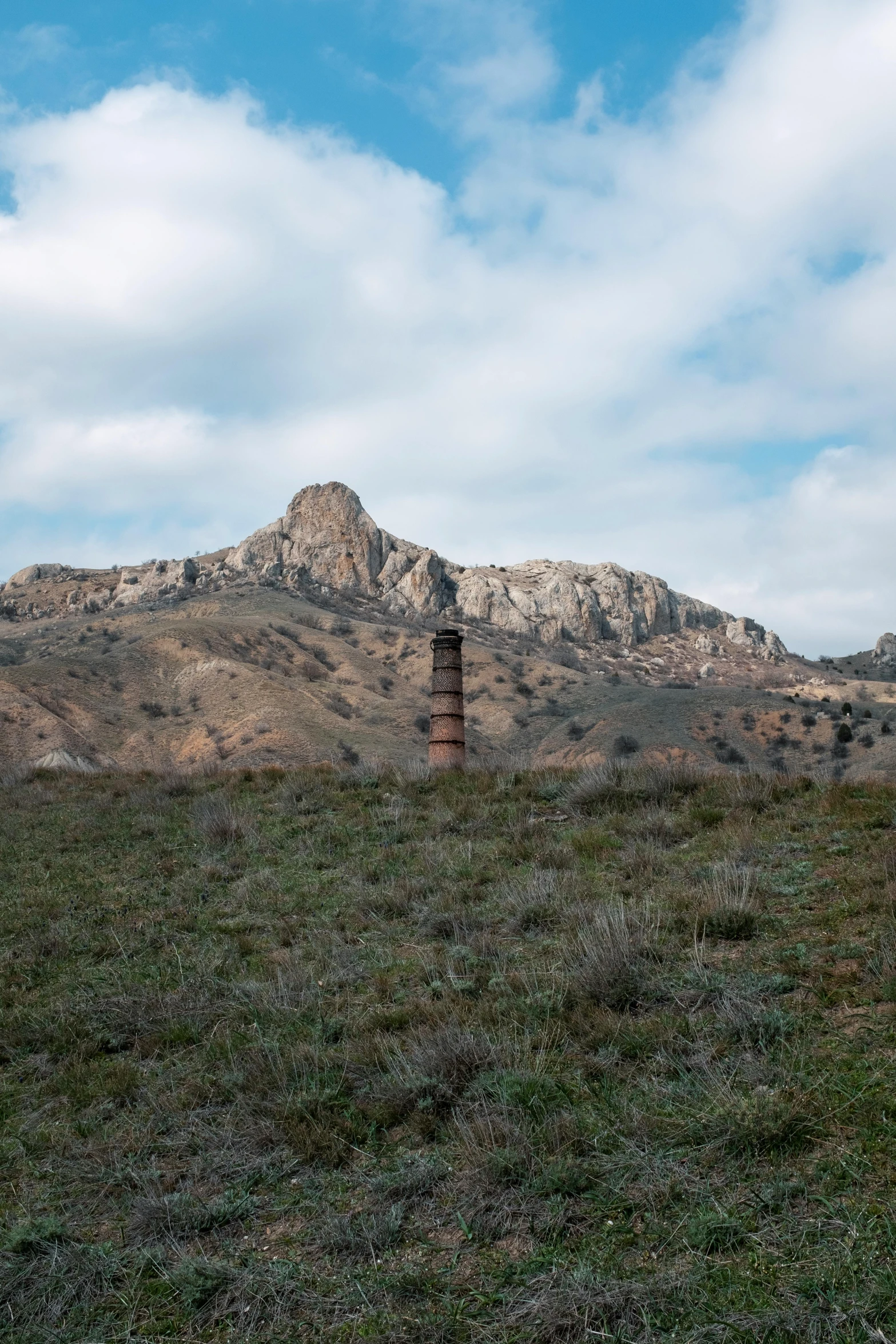 there is a tower in a field near a mountain