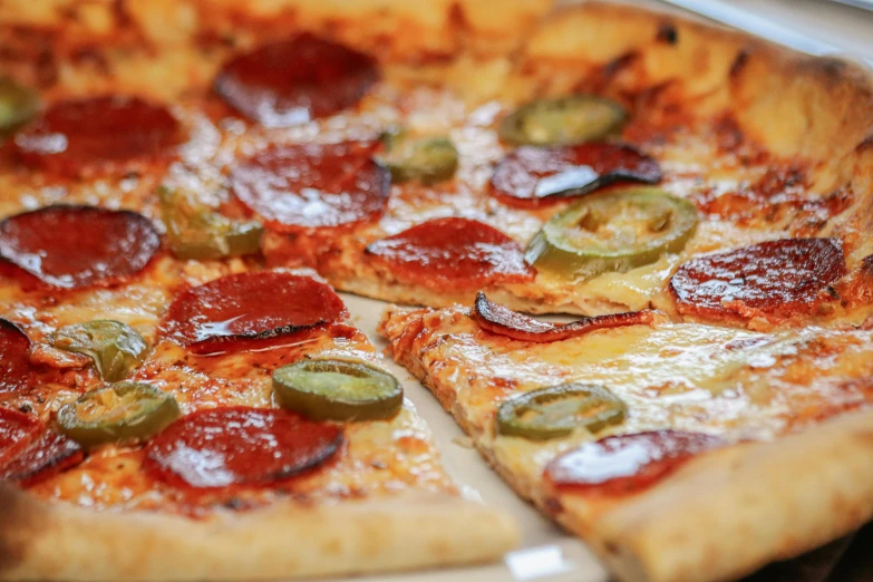 pepperoni, peppers and jalapenos pizza is displayed on a pan