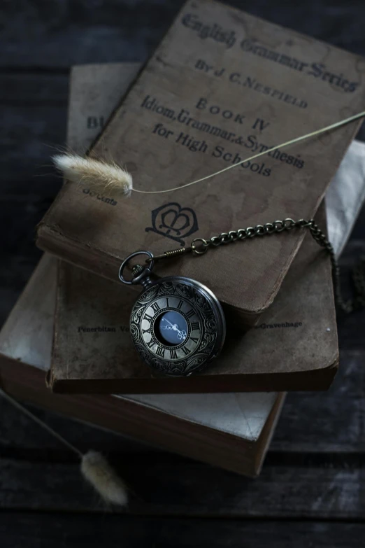 a pocket watch sitting on top of a book