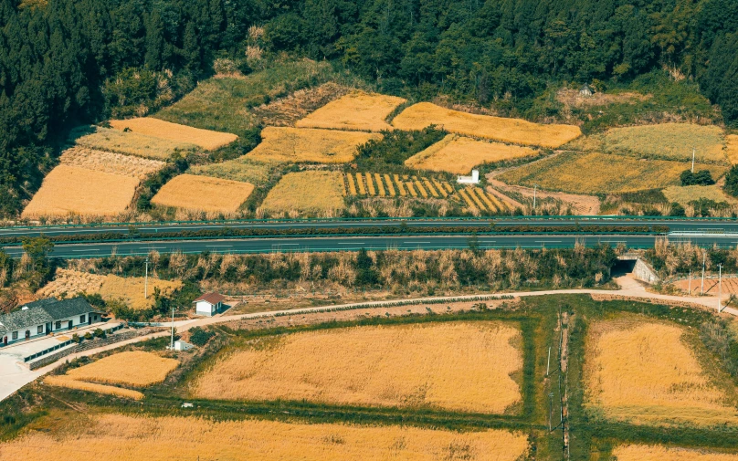 an aerial view of a train going through a rural landscape