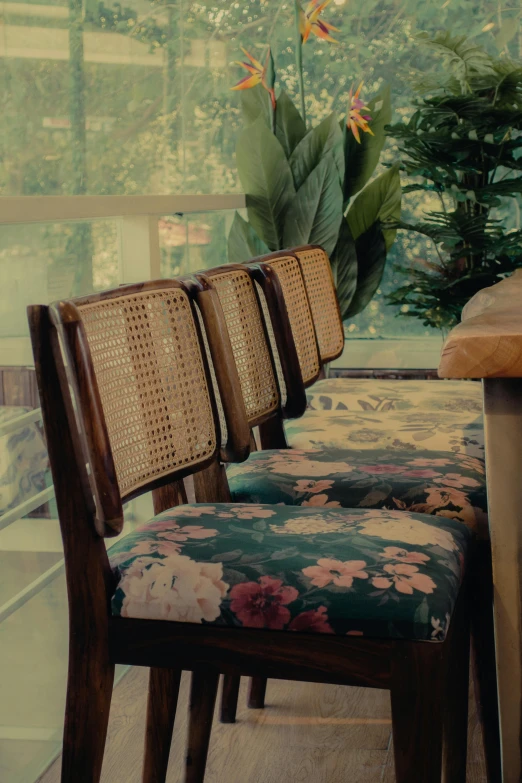 three wooden dining chairs set up on a table