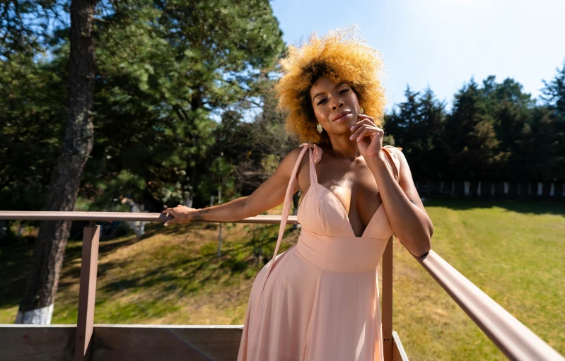 woman in pink dress standing on porch overlooking park