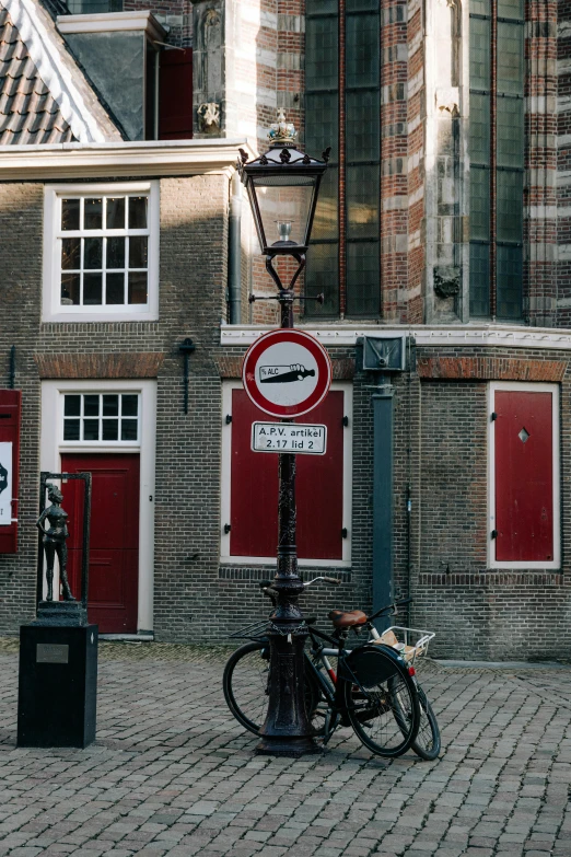 the bike is parked on the side of the building