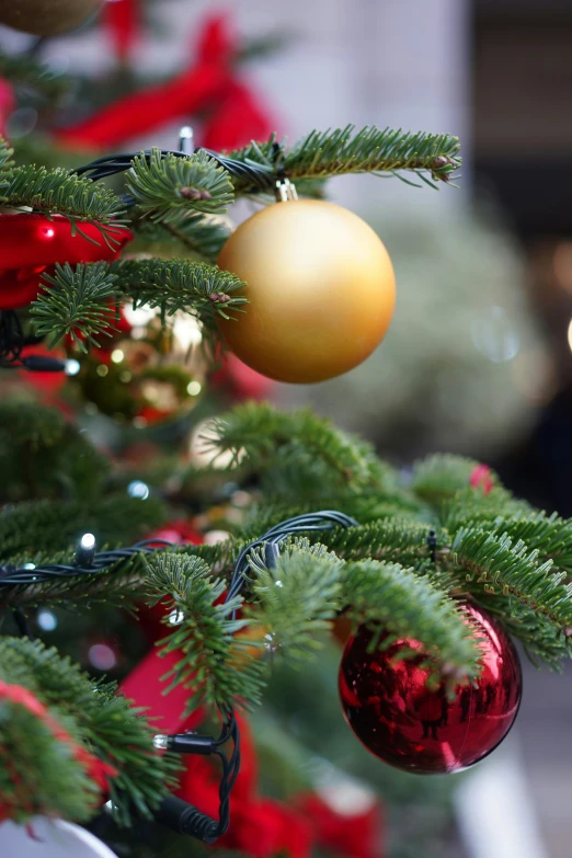 closeup of a christmas tree with decorations