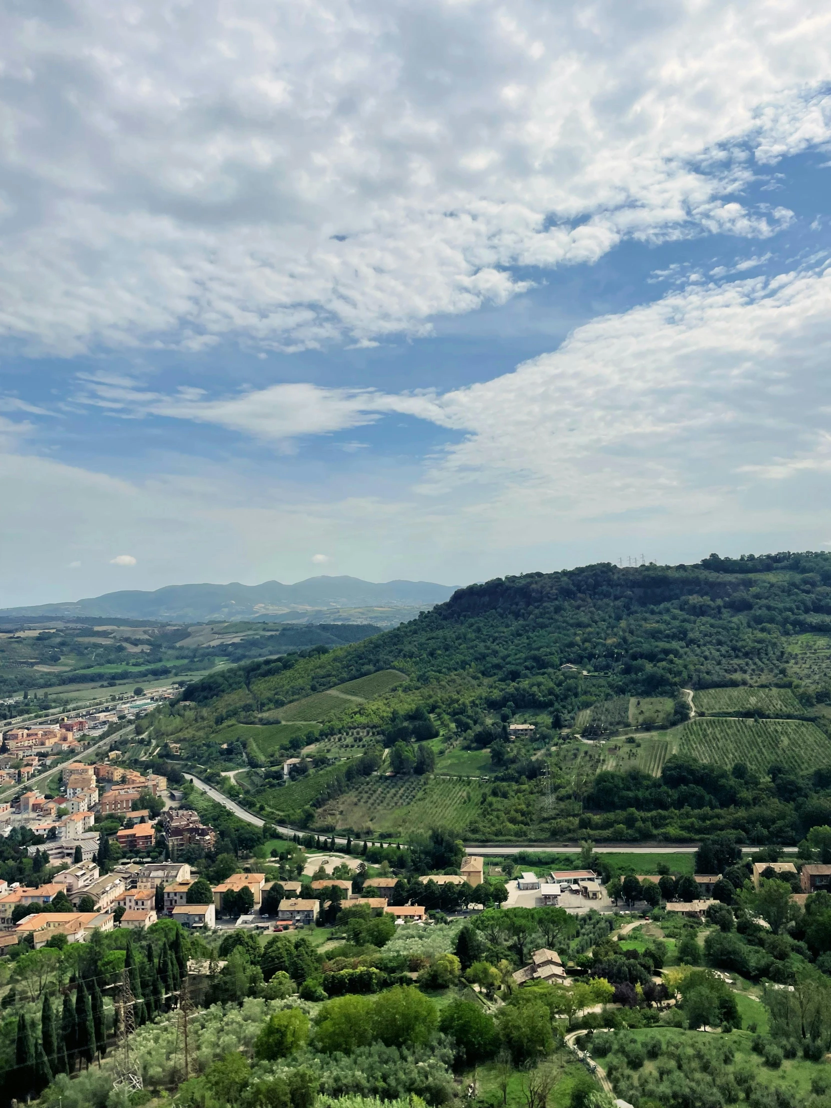 a hilly area with lush green trees and a town on the horizon