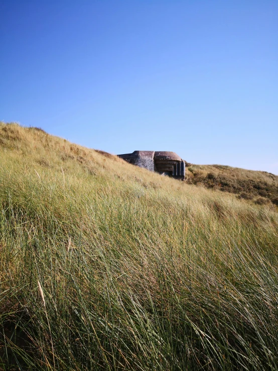 a wooden building is sitting on a grass covered hill