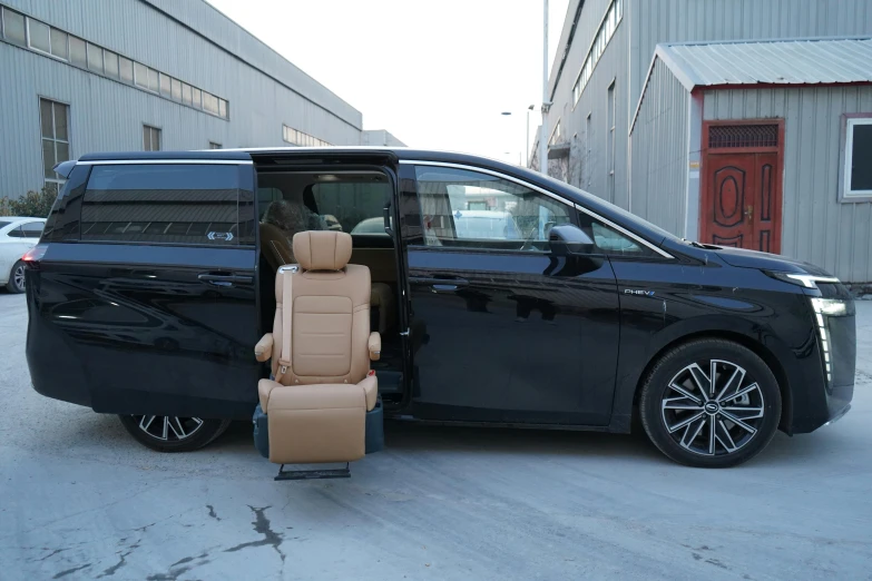 a van with leather seat on a snowy road