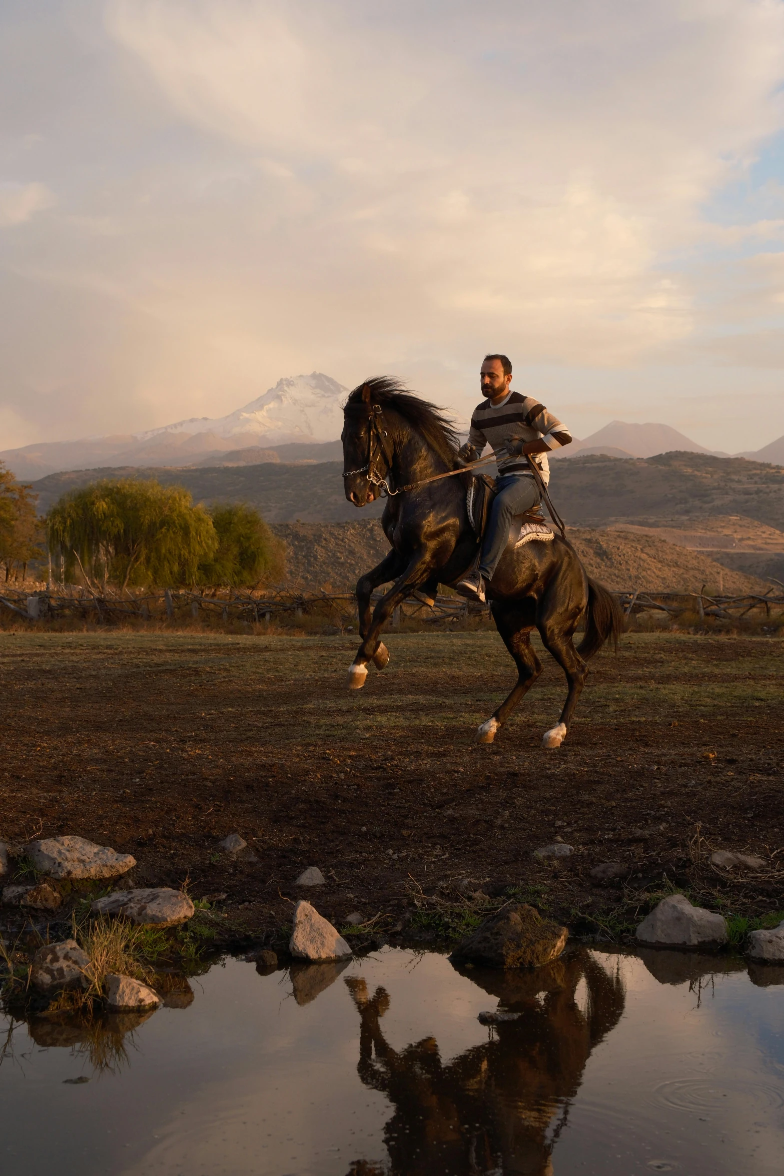 a man rides on a horse near a body of water