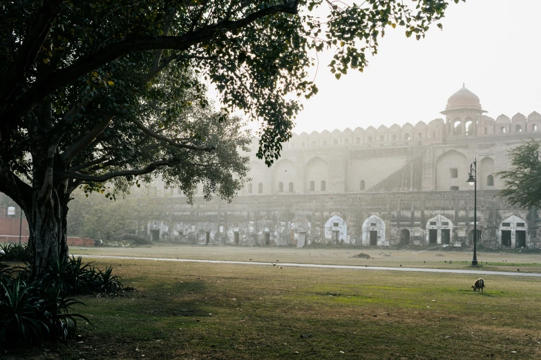 a big building and some trees in a city park