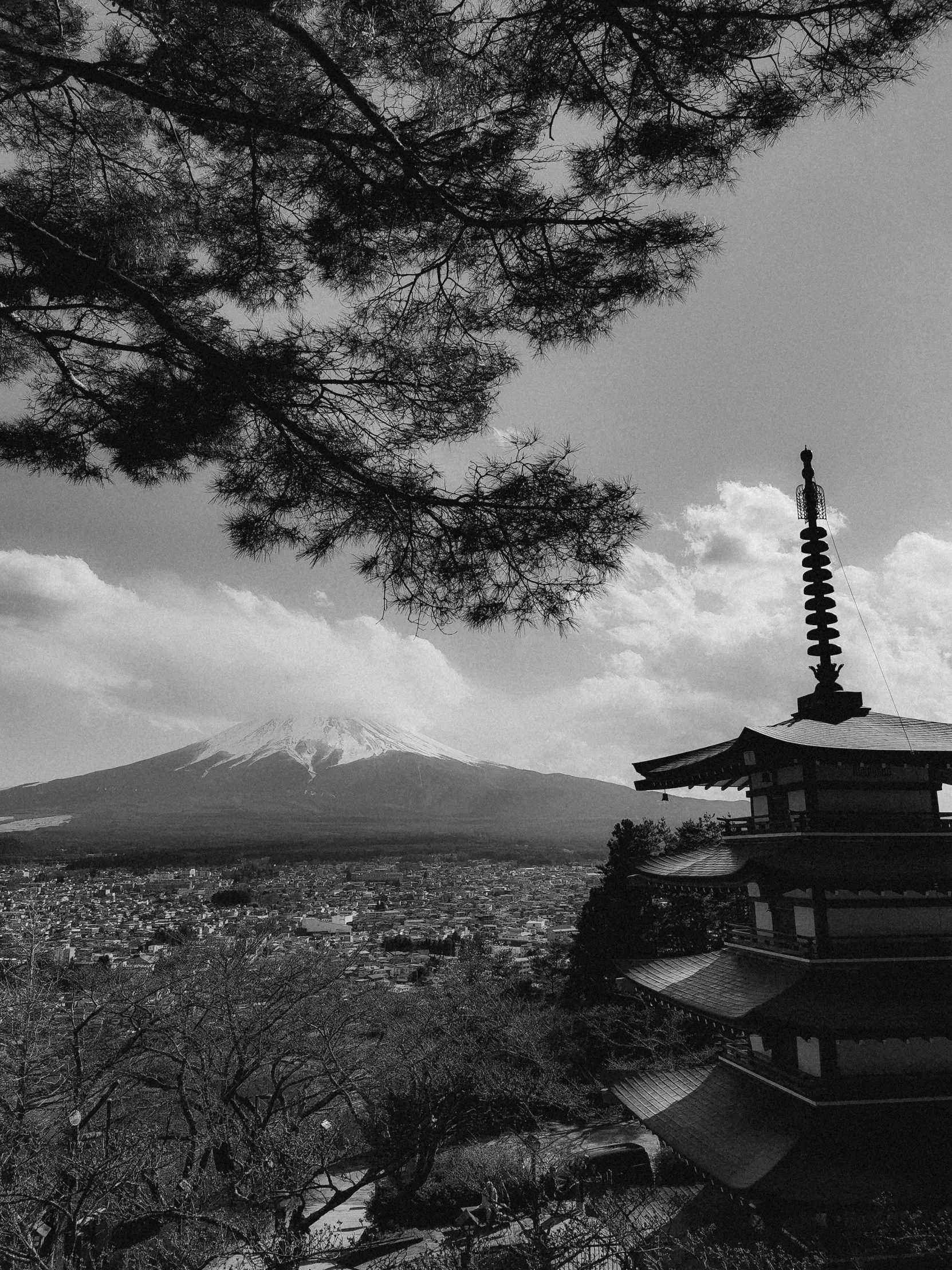 the landscape is black and white and has three pagodas on it