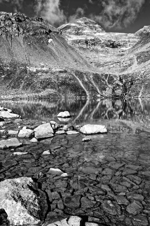 mountains are next to a lake and some rocks