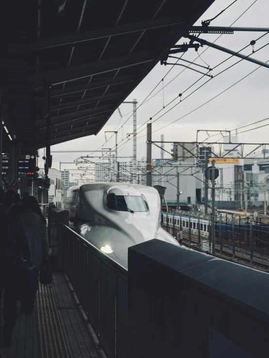 a monorail parked next to a rail platform near people