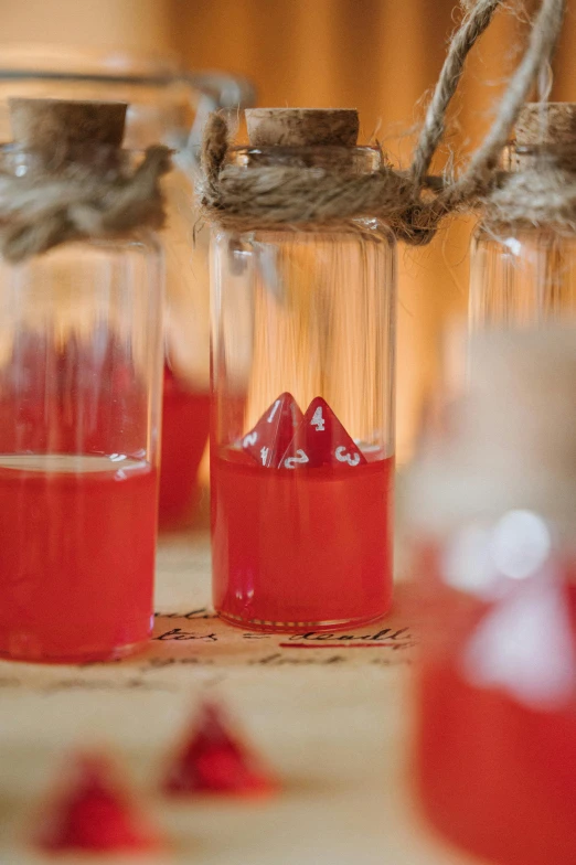 red liquid in some clear jars with birds on the strings