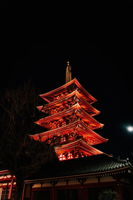 an oriental style tower lit up at night