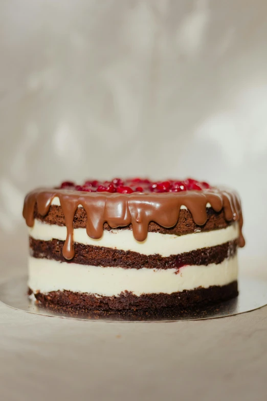 chocolate and cream frosted cake with cherries on top