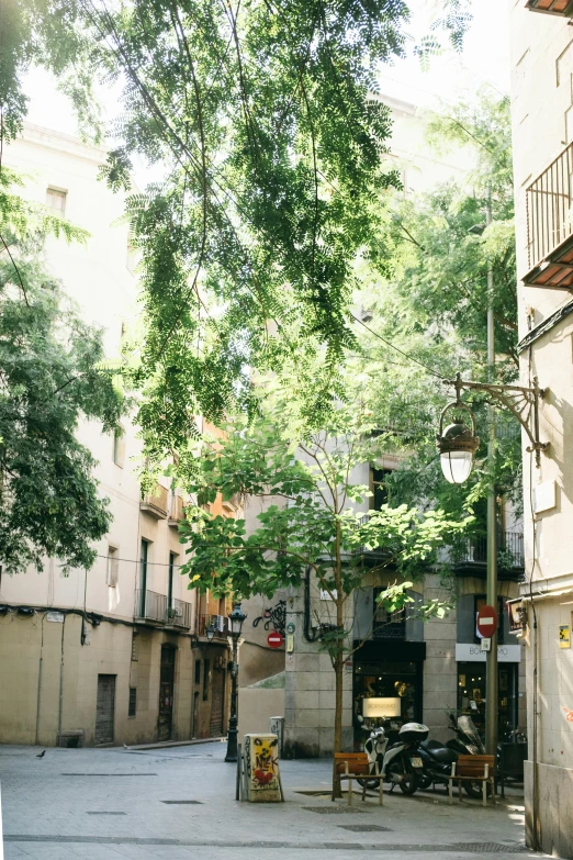 an empty and deserted city street with an open fire place