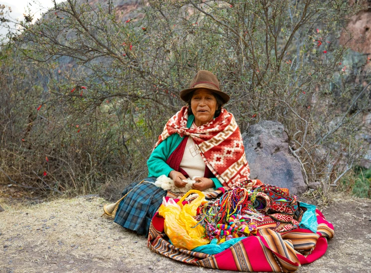 an old woman sits in a patchwork cloth on the ground, with her dog in the back